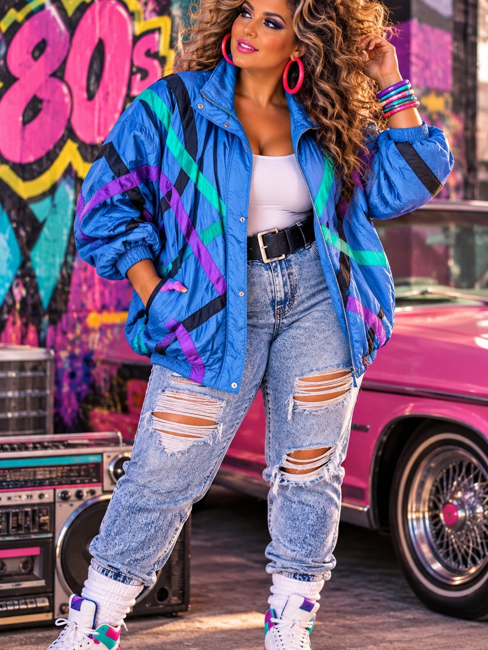 Vintage 80s Blue and Purple Colorblock Windbreaker Puffer Zip Up & Snap Jacket